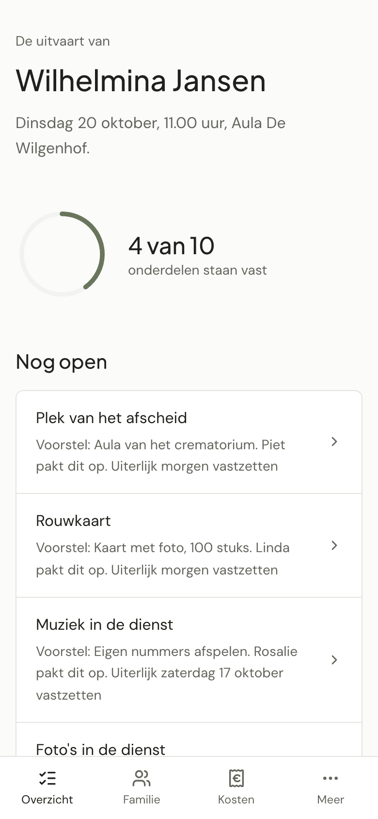 Het overzicht van de familie op een telefoon: een kring met 4 van 10 onderdelen vast, en de onderdelen die nog openstaan.
